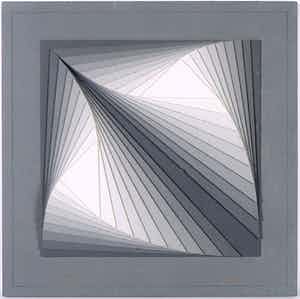 Niet of onleesbaar gesigneerd - Reliëf van hout en grijsboard, Abstract reliëf van driehoeken in grijstinten verkocht voor € 10!