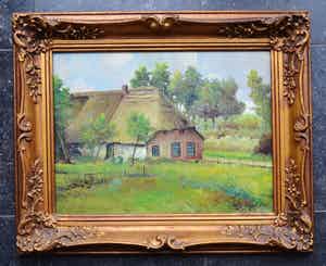 Niet of onleesbaar gesigneerd - Boerderij in een Hollands landschap - Olieverf op paneel - Gesigneerd verkocht voor € 1!