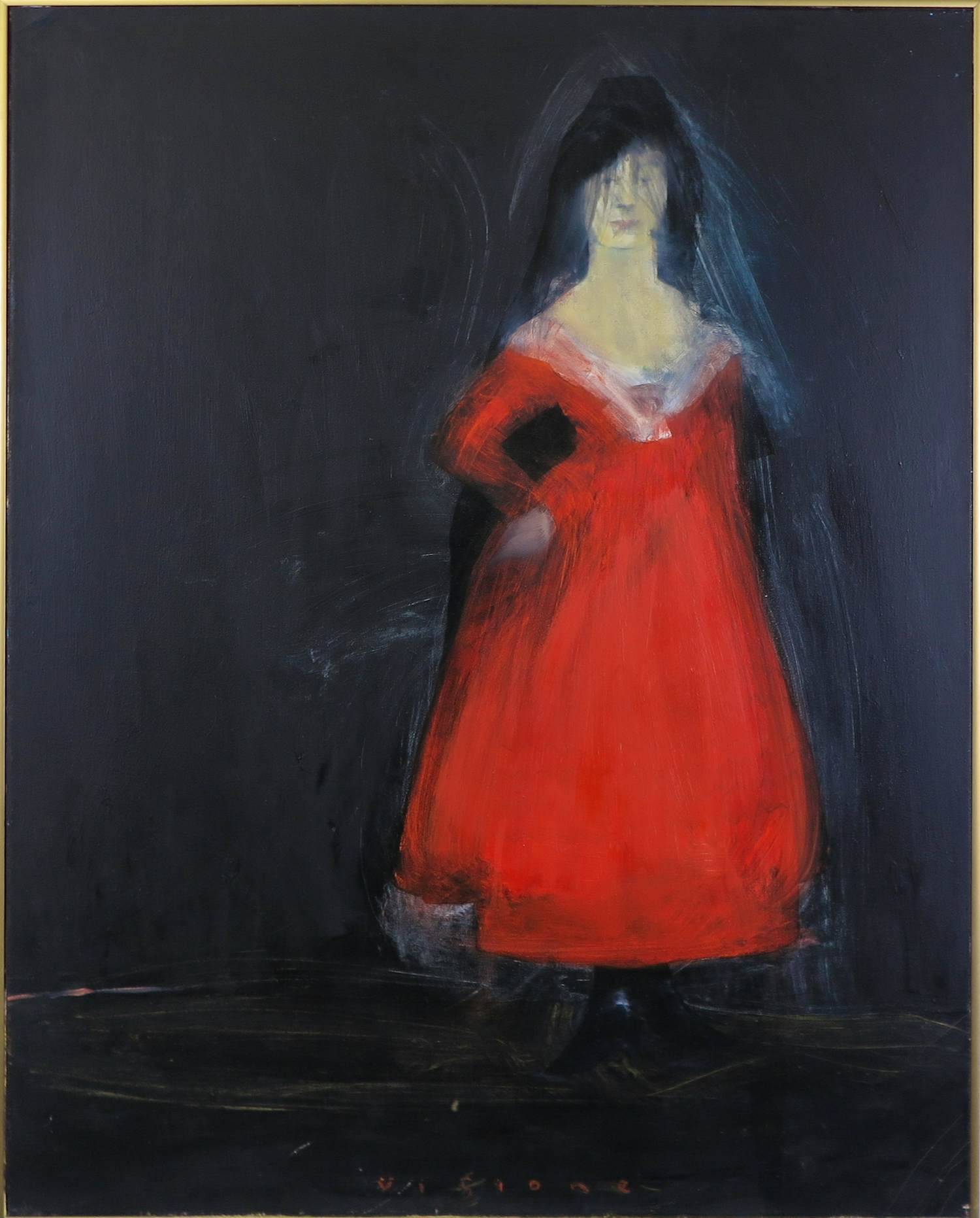 Mark Visione - Olieverf op doek, The red dress - Ingelijst verkocht voor € 100!