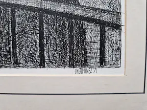 Theo  l' Herminez - Magisch realistische - 1971 - Sepia/Inkt tekening "vrouw op balkon" gesigneerd kopen? Bied vanaf 182!