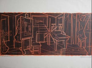 Gerard Gaudaen - "HET ATELIER" / KLEURLINOSNEDE / 31x48cm / SIG kopen? Bied vanaf 28!