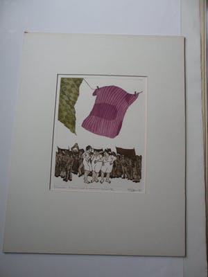 Helen van der Deen - Kleuren zeefdruk. Titel, "laat de was maar waaien". kopen? Bied vanaf 20!
