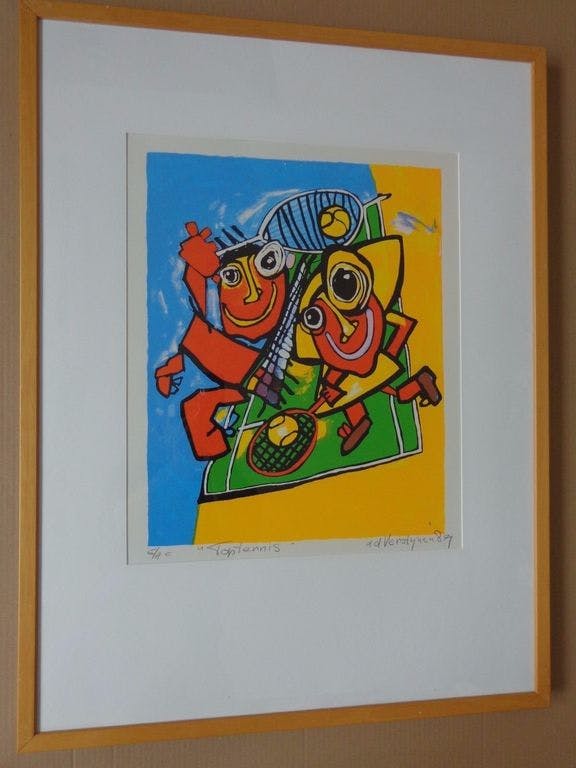 Ad Verstijnen - TOPTENNIS / KLEURLITHO / 83x63cm / KADER / SIG / 1989 kopen? Bied vanaf 55!