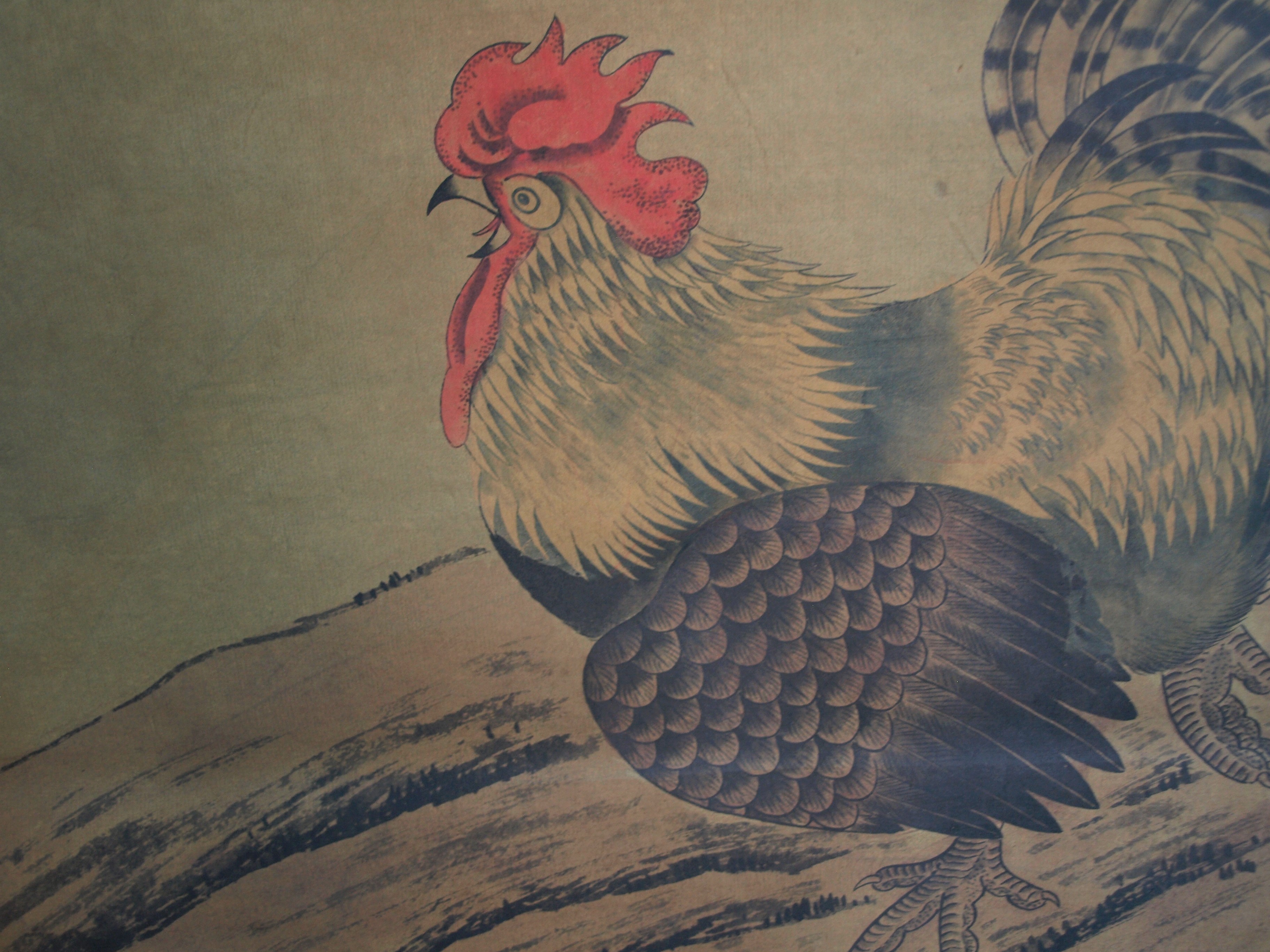 Niet of onleesbaar gesigneerd - Haan en Bloesem - Aquarelverf en inkt op papier, opgerold op houten stok kopen? Bied vanaf 1!