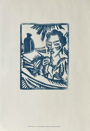 César Klein - Frau mit Büchern. Original-Farb-Holzschnitt 1920 kaufen? Bieten Sie von 80!