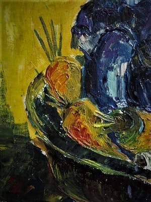 Niet of onleesbaar gesigneerd - Omstreeks 1960 Expressionist. Olieverf "Stilleven met Rode kool en Prei" kopen? Bied vanaf 1!