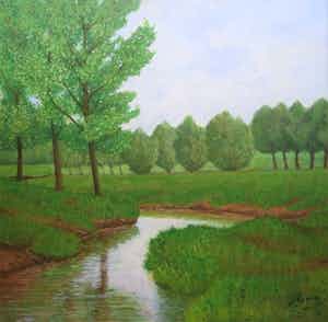 Jo Lodeizen - 0lieverf op board - "Waterrijk landschap" verkocht voor € 175!