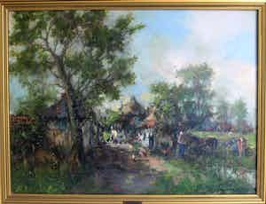 Theodorus van Oorschot - Olieverf op doek , Brabants landschap met boerin – ingelijst – 78 x 98 cm verkocht voor € 200!