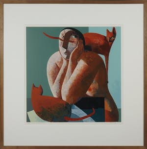 Peter Harskamp - Zeefdruk, Vrouw met twee katten - Ingelijst kopen? Bied vanaf 100!