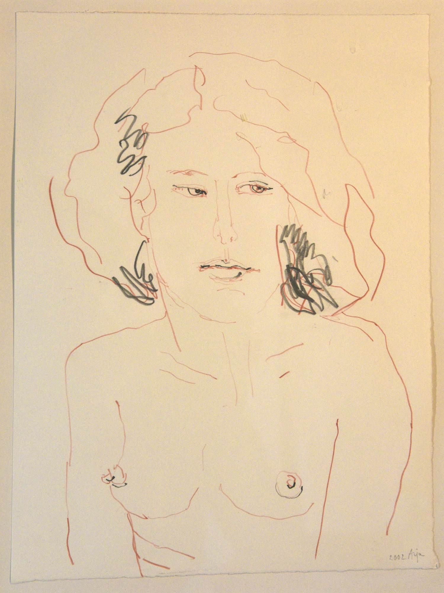 Arja van den Berg - portret van model - potlood+rood - hand gesigneerd 2002 verkocht voor € 20!