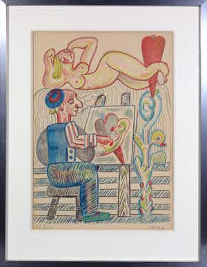 Henry Heerup - Kleurenlitho, De Schilder - Ingelijst verkocht voor € 150!