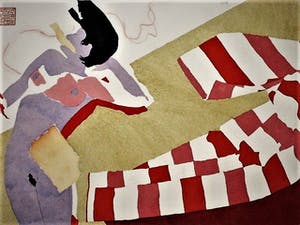 Niet of onleesbaar gesigneerd - Interessant Chinees Aquarel "Naakte vrouw in rood witte jas" gesigneerd kopen? Bied vanaf 1!