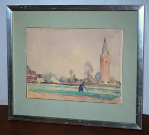 Jacob Kuijper - dorpsgezicht met een vrouw op het land - aquarel kopen? Bied vanaf 75!