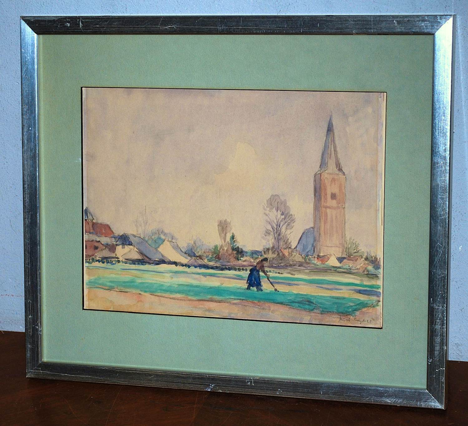 Jacob Kuijper - dorpsgezicht met een vrouw op het land - aquarel kopen? Bied vanaf 60!