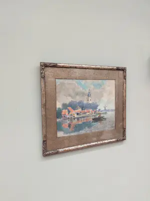 Henri Janlet - Hollands rivierlandschap met dorp, kerktoren en molen kopen? Bied vanaf 40!