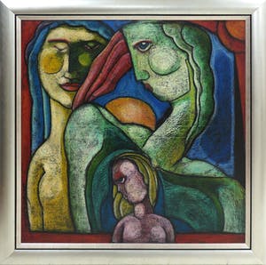 Theo Mackaay - Olieverf op doek, Z.T. Compositie met vrouwen en kind - Ingelijst (Zeer groot) kopen? Bied vanaf 850!
