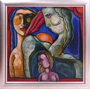 Theo Mackaay - Olieverf op doek, Z.T. Compositie met vrouwen en kind - Ingelijst (Zeer groot) verkocht voor € 850!