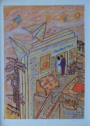 Bruno Vekemans - zeefdruk-- ingelijst-- " wonen is mooi" kopen? Bied vanaf 125!