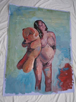 Peter Klashorst - Groot werk op doek , “Vrouw met Teddybeer” – 2018 – 120 x 93 cm kopen? Bied vanaf 350!