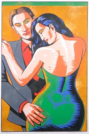 Leon Janssen - Houtsnede, Paar op oker rechts - Ingelijst verkocht voor € 80!