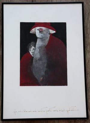 Ans Wortel - Ingelijste gouache: Je schuilhoudend achter grote rode kledingstukken - 1981 kopen? Bied vanaf 199!