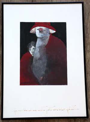 Ans Wortel - Ingelijste gouache: Je schuilhoudend achter grote rode kledingstukken - 1981 verkocht voor € 199!