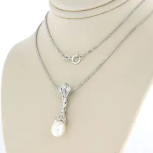 14k wit gouden collier met hanger bezet met parel en single cut geslepen diamant kopen? Bied vanaf 260!