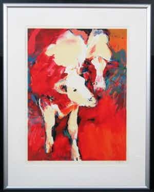 Gerda Elfring - Kleurenzeefdruk KALVEREN INGELIJST!!! verkocht voor € 145!