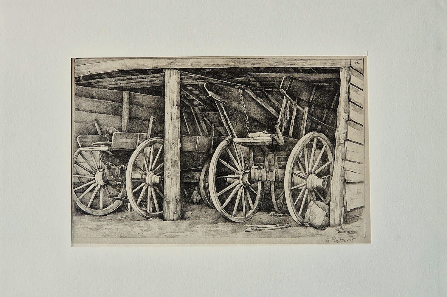 Anna Egter van Wissekerke - fraaie realistische jaren 30 Ets - karren in schuur - potlood gesigneerd kopen? Bied vanaf 38!