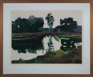 Vincent van Ojen - Houtsnede, Landschap aan meer - Ingelijst (Groot) kopen? Bied vanaf 100!