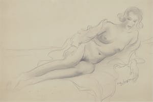 Niet of onleesbaar gesigneerd - Potloodtekening, Liggend figuur - Ingelijst kopen? Bied vanaf 1!