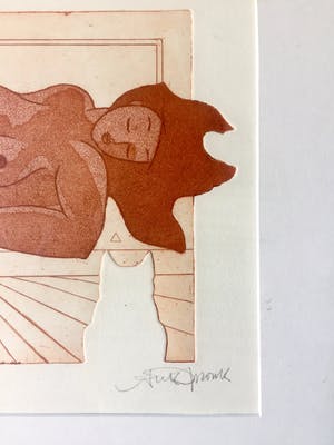 Ank Spronk - Naakte Vrouw met Kat - Kleurets / Preegdruk, Ingelijst kopen? Bied vanaf 60!