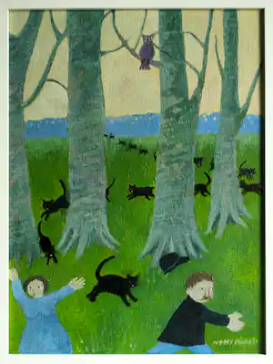 Netty Michels - Naïef olieverfschilderij, ’t Onveilige woud – ingelijst – ca. 1970 verkauft für € 148!