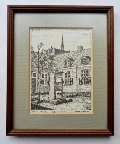 John de Jongh - Haags Hofje van Wouw - in mooi passe-partout en houten lijstje kopen? Bied vanaf 1!
