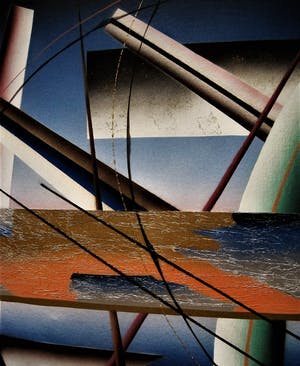 Niet of onleesbaar gesigneerd - Bijzonder geometrisch abstract schilderij met olieverf en zilverfolie. kopen? Bied vanaf 1!