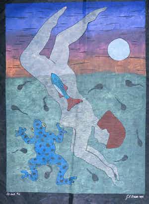 Geertje Briels - Houtdruk op geschept papier, De duik verkocht voor € 35!