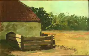 Niet of onleesbaar gesigneerd - achterzijde boerderij - olieverf marouflé op paneel - 1911 - gesigneerd verkocht voor € 1!