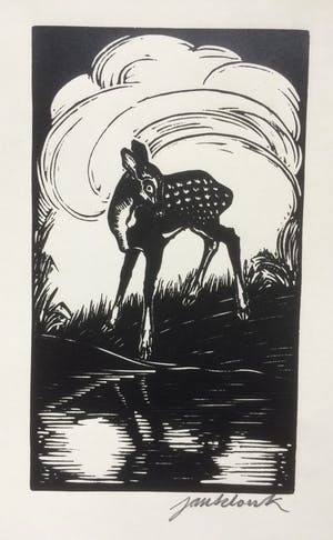 Jan Schonk - Houtsnede "Hertje" 1928 kopen? Bied vanaf 30!