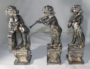 Antieke engel beelden met muziekinstrument (3x), zilver op gips, 1940-1950 kopen? Bied vanaf 495!