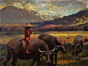 Niet of onleesbaar gesigneerd - Gesigneerd Indonesie Java Bogor "Herdersjongen op Karbauw" landschap olieverf kopen? Bied vanaf 10!