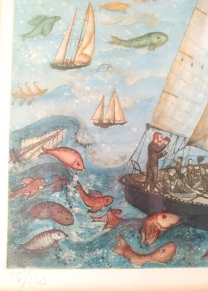 Francoise Deberdt - (1934) gedetailleerde kleurenets, 'fantoomschepen op zee' kopen? Bied vanaf 85!