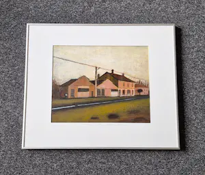 Hilmar Schäfer - verstild, in 1988 geschilderd acrylverf op board "Garage" - prima ingelijst kopen? Bied vanaf 74!