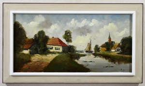 Niet of onleesbaar gesigneerd - "Zicht op dorp aan vaart met boerderijen, kerk en zeilschip" - olieverf opdoek kopen? Bied vanaf 10!
