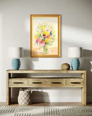 Marie Louise Ogier - Anemonen und Mimosen – großes, hochwertiges Ölgemälde kopen? Bied vanaf 150!