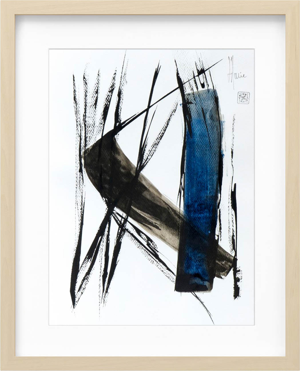 AcheterJean-Jacques Marie - Abstraction gestuelle bleue et noire encadrée? Enchérissez de 90!