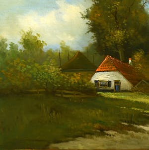 Niet of onleesbaar gesigneerd - Hollands Landschap - Boerderij aan Zandweg - Olieverf op paneel - Signatuur kopen? Bied vanaf 1!