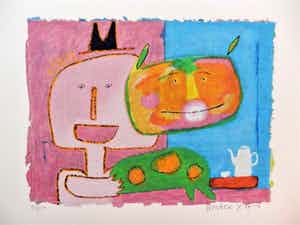 Wouter Stips - Kleurenzeefdruk KOPJE KOFFIE-POES ERBIJ Handgesigneerd. verkocht voor € 145!