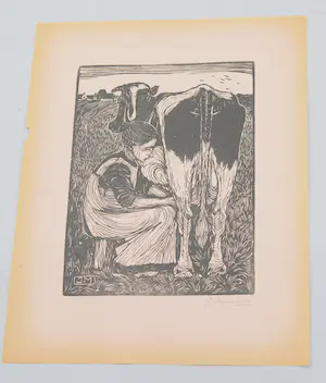 Jan Mankes - ** Prijs verlaagd** Handgesigneerde houtsnede Koemelkster 1914 op oudroze papier kopen? Bied vanaf 160!
