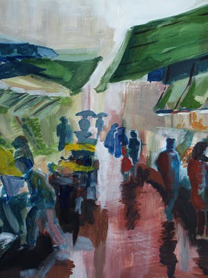 Niet of onleesbaar gesigneerd - Acrylverf en collage , De markt op een regenachtige dag – ingelijst - Groot kopen? Bied vanaf 1!