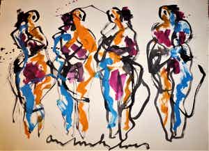 Anton Heyboer - Vier vrouwen. Sierlijke kleurige schildering . verkocht voor € 375!